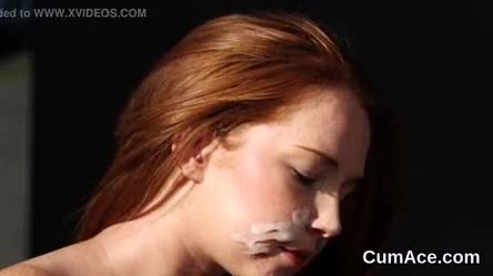 Sexy centerfold gets cumshot on her face eating all the load