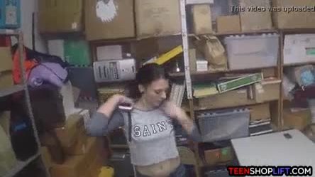 Two security guards fuck a teen thief in their office